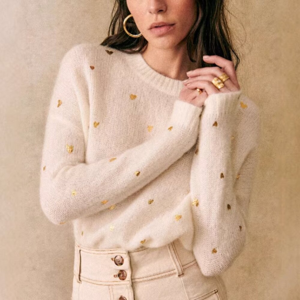 Sezane Cinta Jumper Sweater Ecru Ivory with Gold Hearts French Knit Mohair XS/S